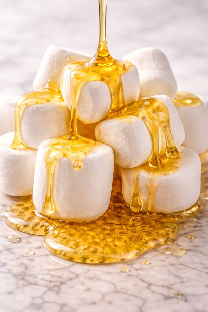 Stacked marshmallows drizzled with honey, photographed on a marble surface.