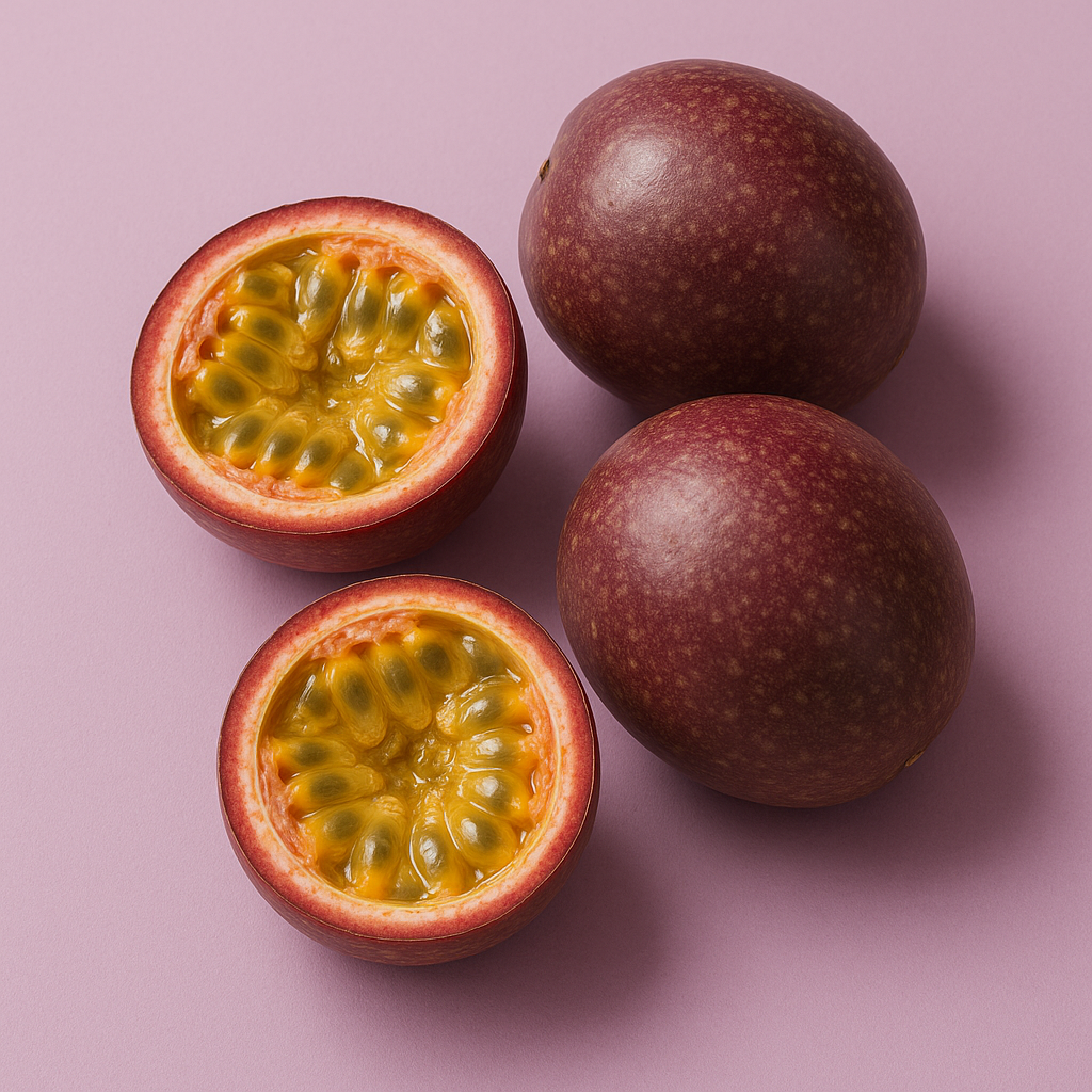 Whole and halved passion fruit showing seeds, arranged on a pink background.
