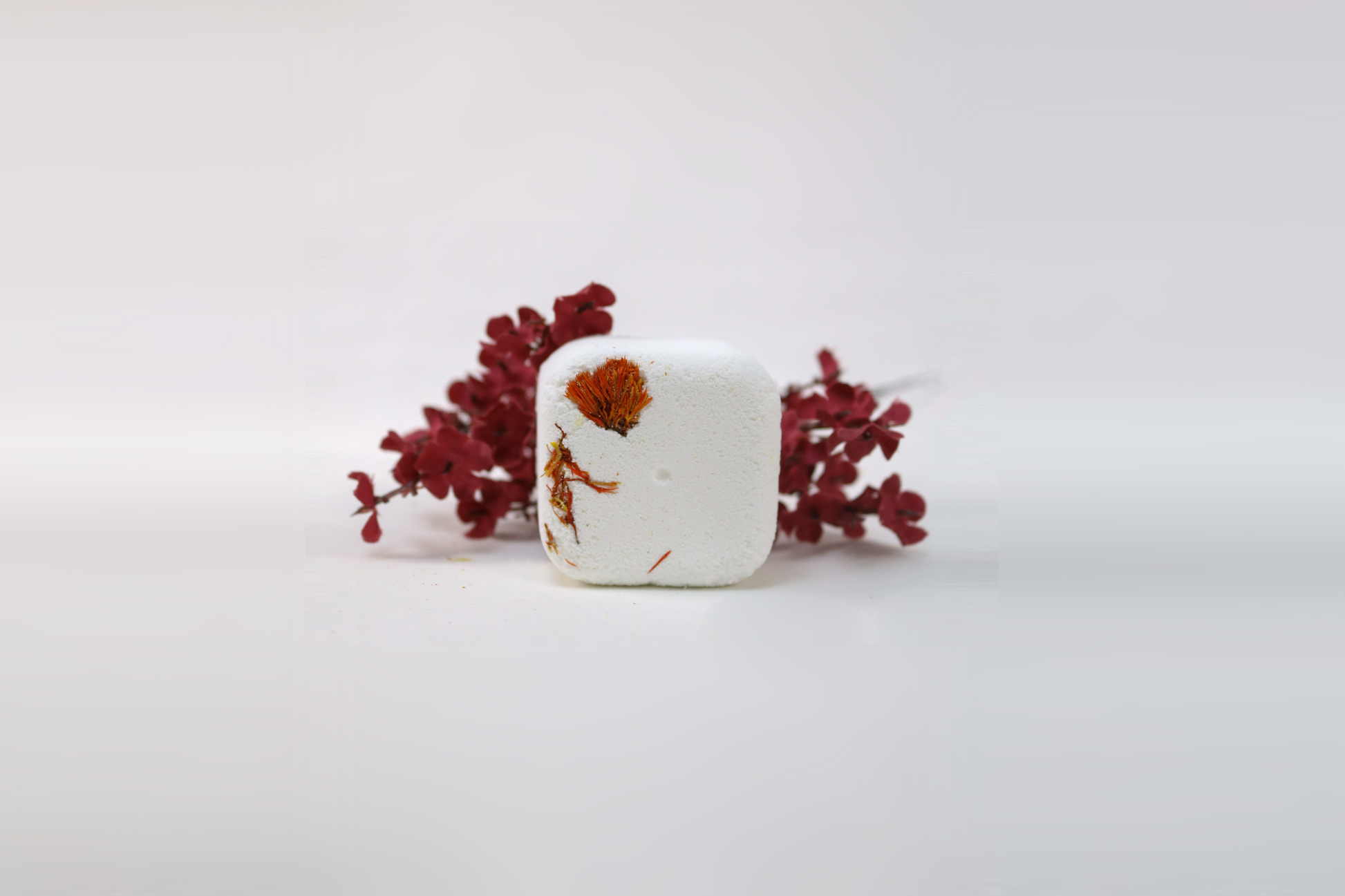 A white shower steamer with a floral pattern on the top surface, surrounded by red decorative flowers on a white background.