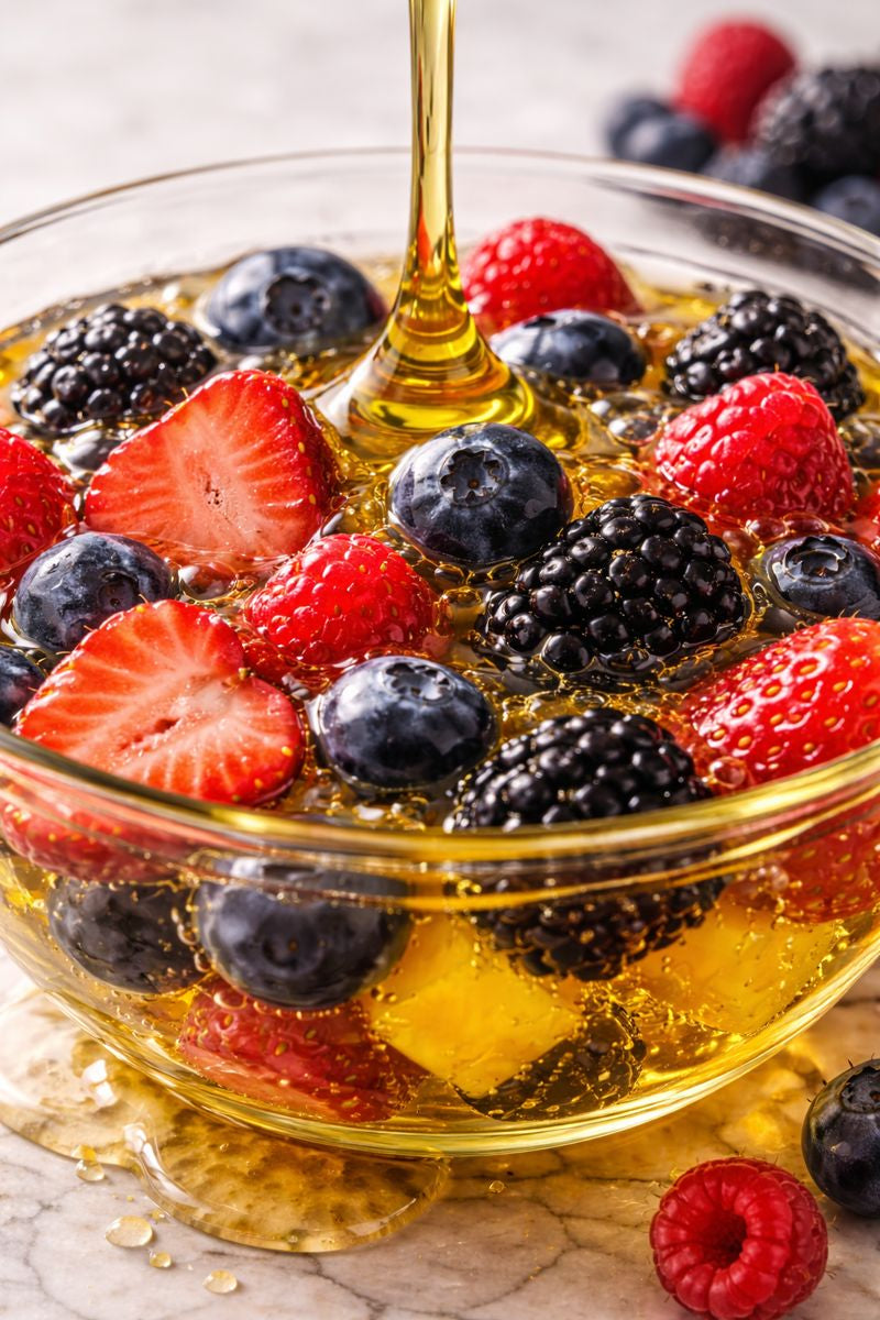 Mixed berries in a glass bowl drizzled with honey, photographed on a light surface.