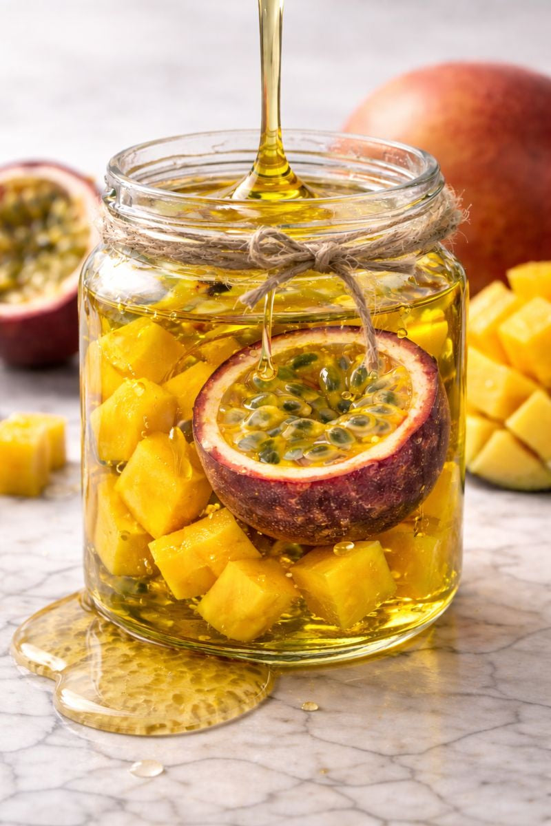 Chopped mango and halved passion fruit in a glass jar with honey drizzled over, photographed on a marble surface.
