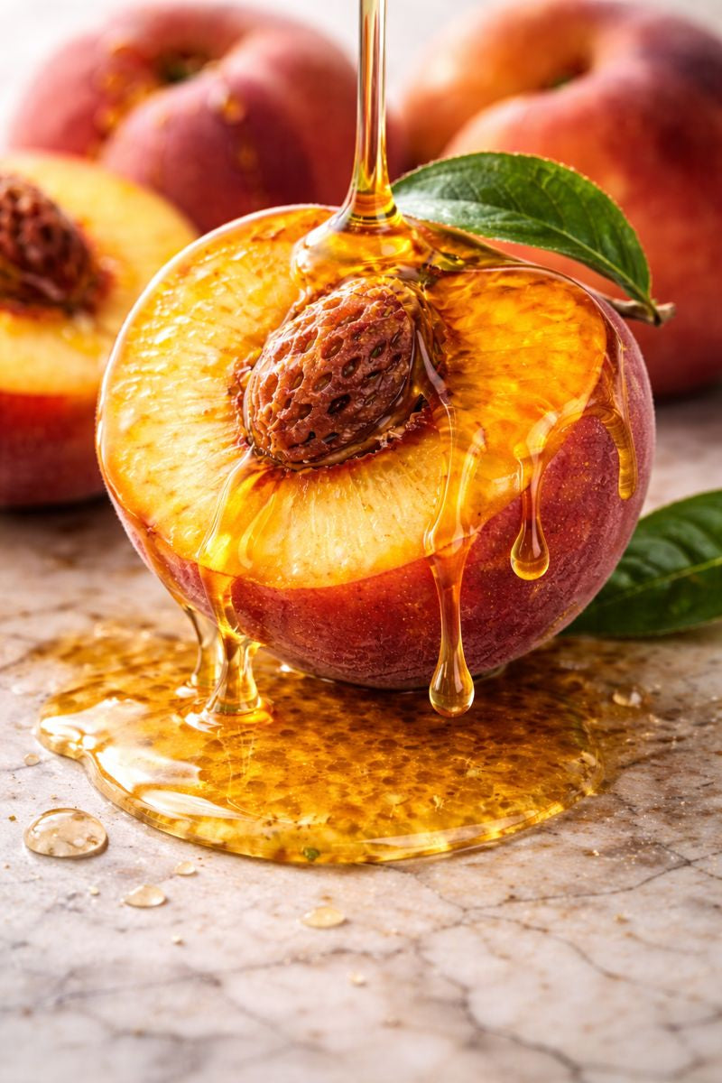 Whole peach drizzled with honey, photographed on a marble surface.