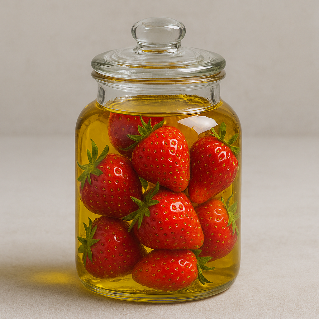 Fresh strawberries preserved in a glass jar, photographed on a neutral background.
