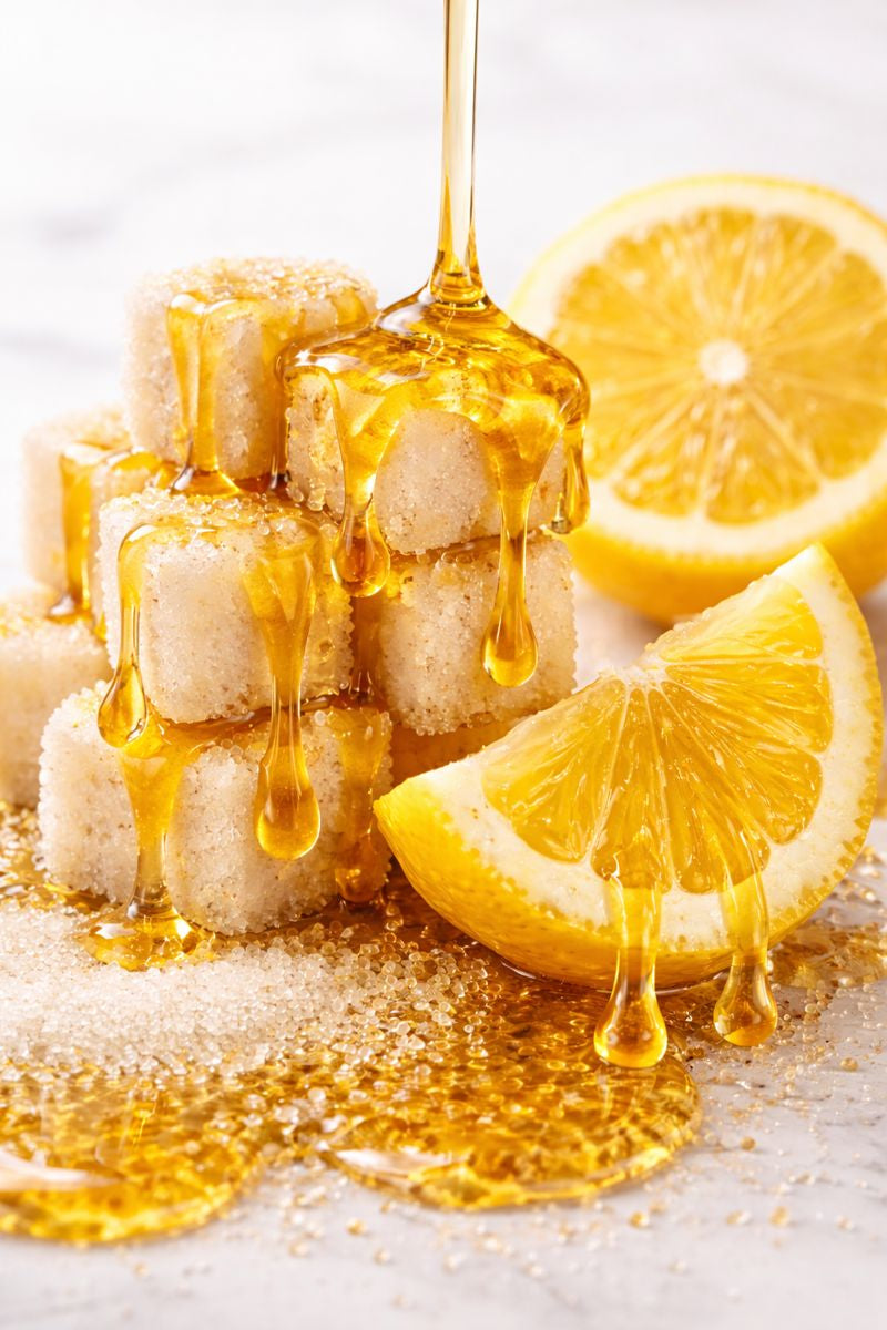 Lemon slices and honeycomb drizzled with honey, photographed on a light background.